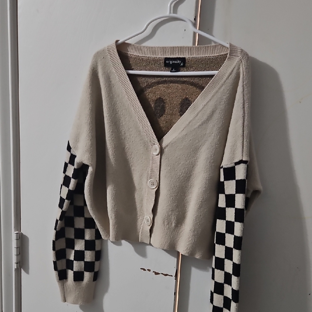 Kids Beige Cardigan with Checkered Sleeves